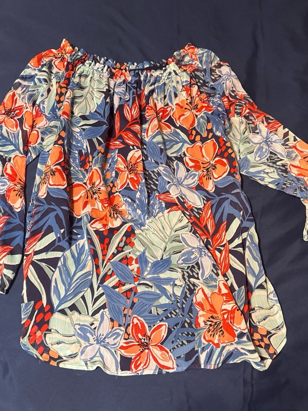 Jones New York Navy Floral Off-Shoulder Blouse with Coral & Light Blue Accents